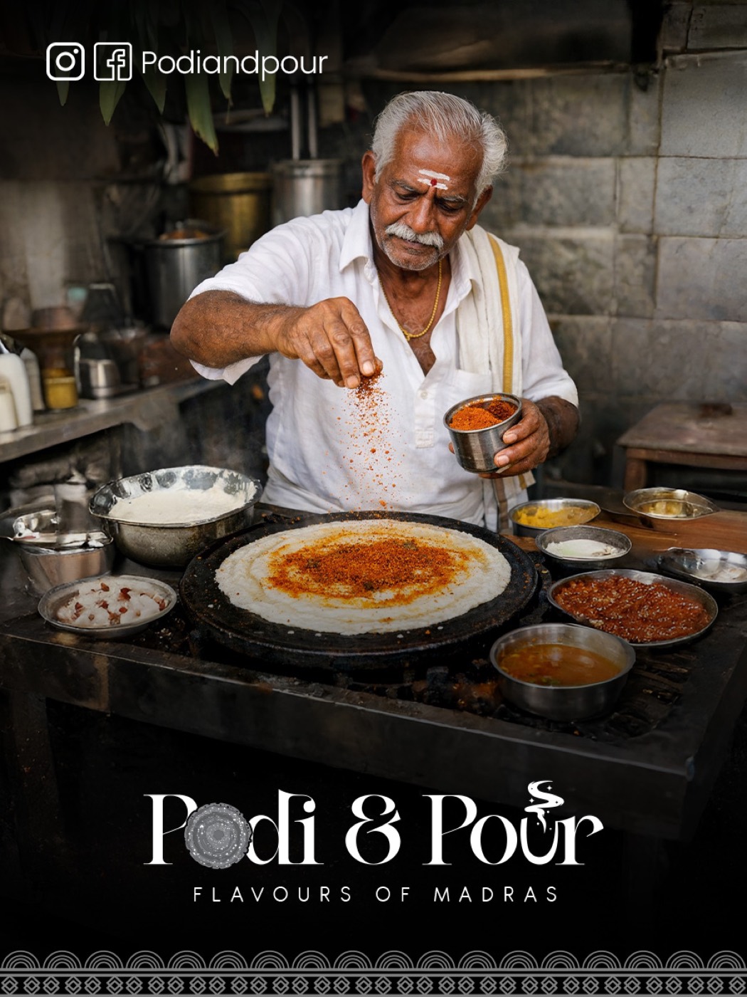 Podi & Pour stall poster — a Madras cook sprinkling podi over a dosa