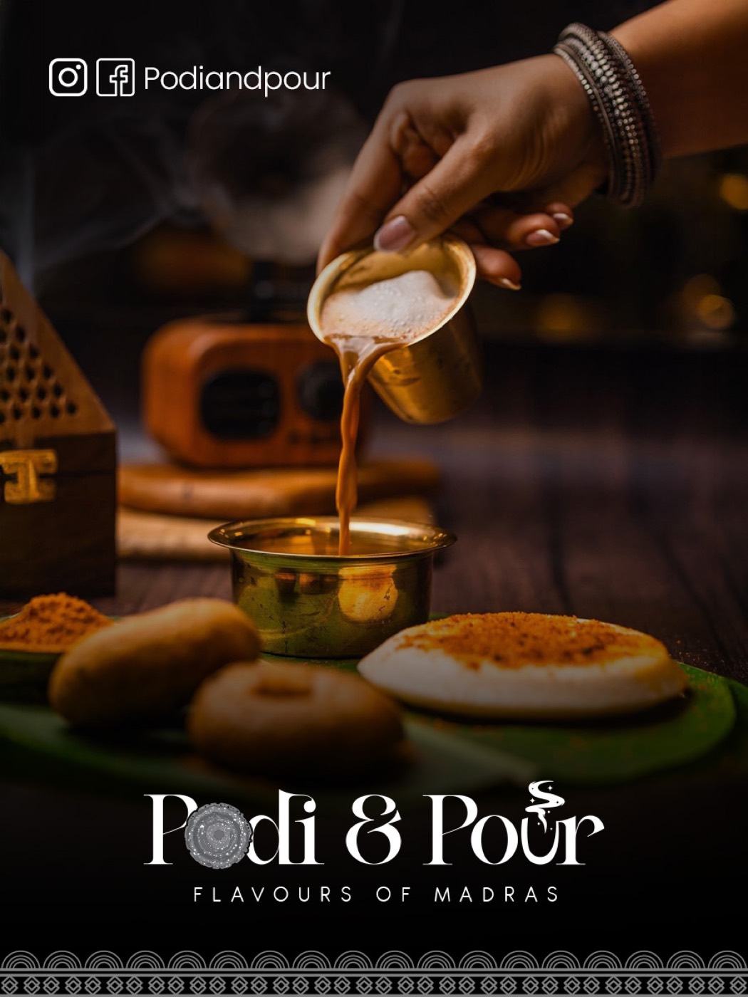 Podi & Pour stall poster — filter coffee poured beside idly and vada