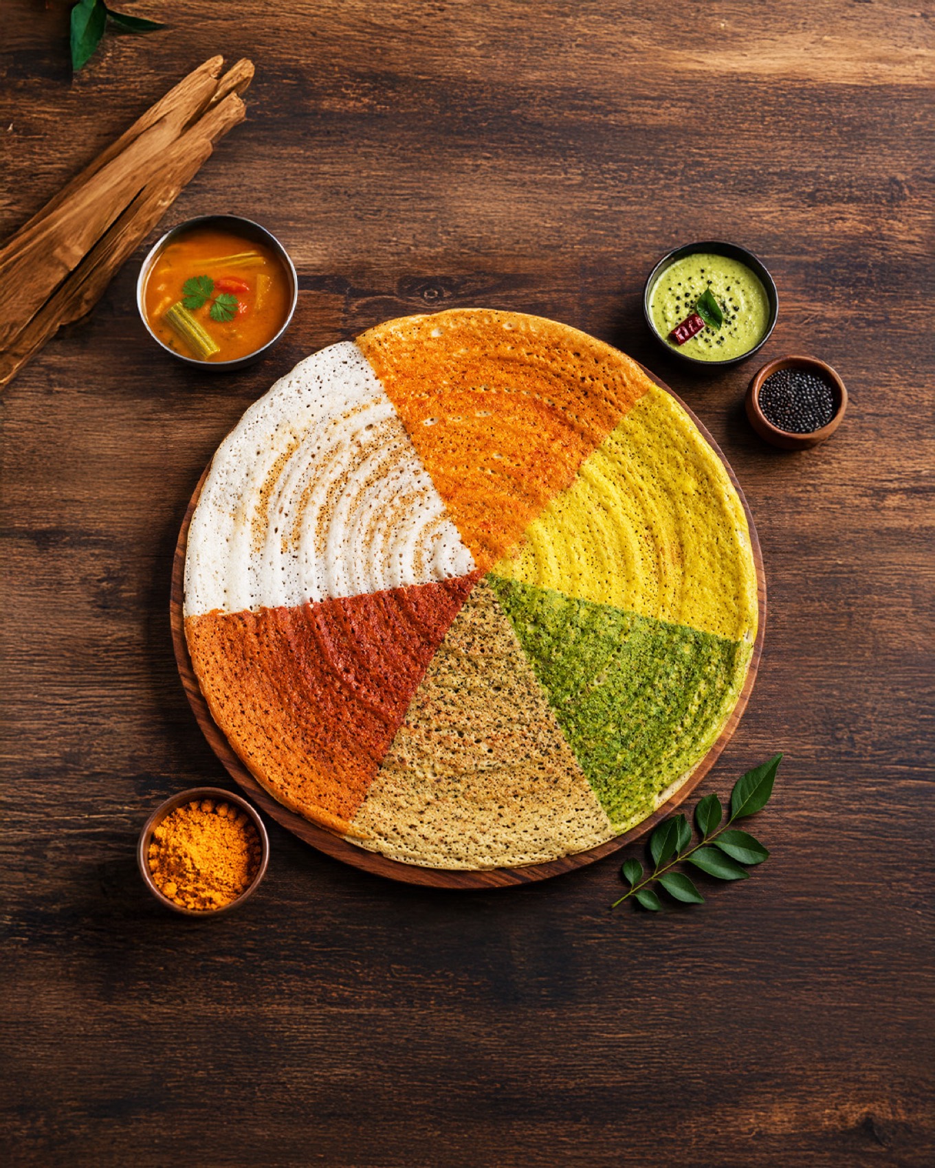 Color Kick Dosai — a dosa divided into six naturally-coloured wedges