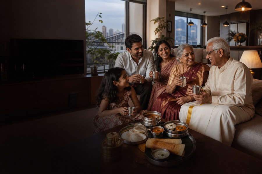 Three generations of a family sharing filter coffee and tiffin at home