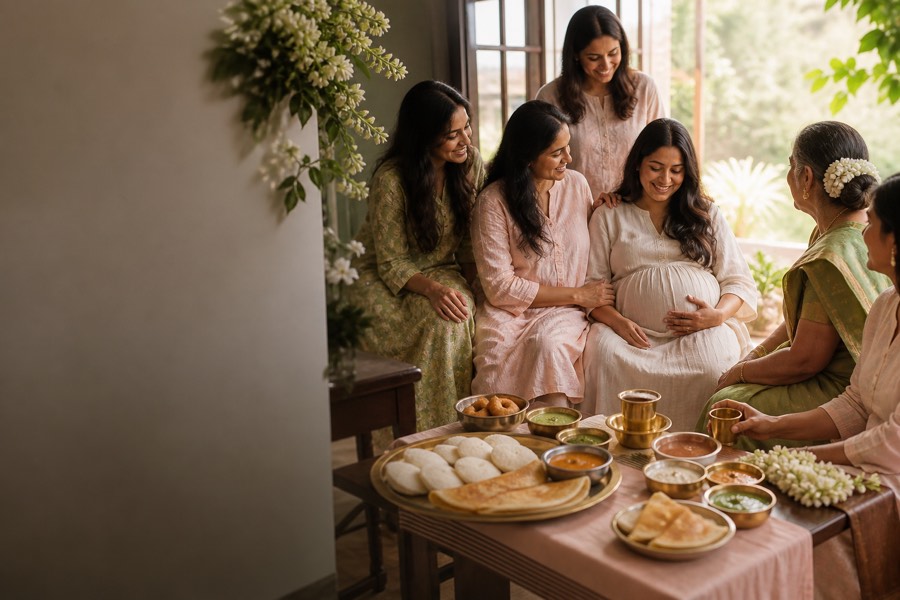 Women gathered around a spread of idly and dosai at a baby shower