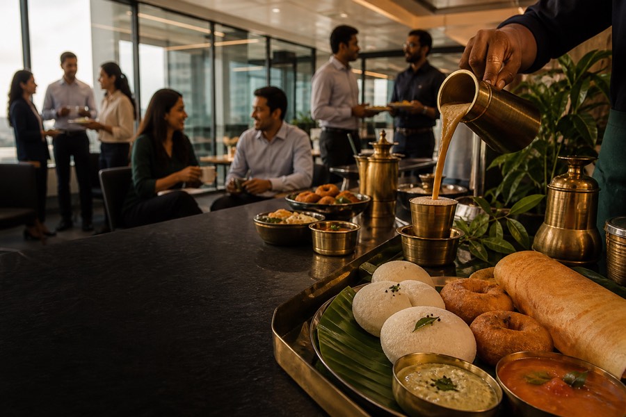 Filter coffee and tiffin served at an office gathering
