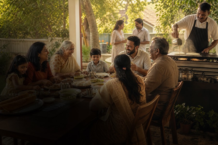 An extended family at an outdoor table with dosai cooked fresh alongside