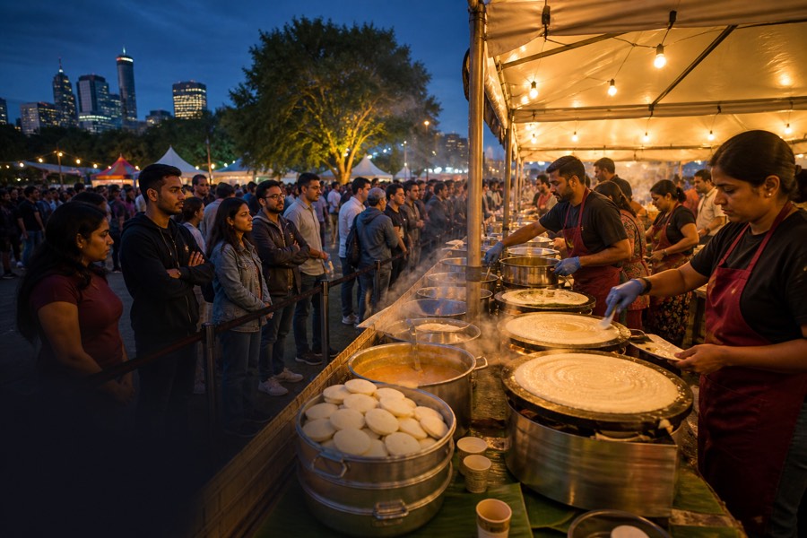 A busy evening festival stall cooking dosai for a long queue