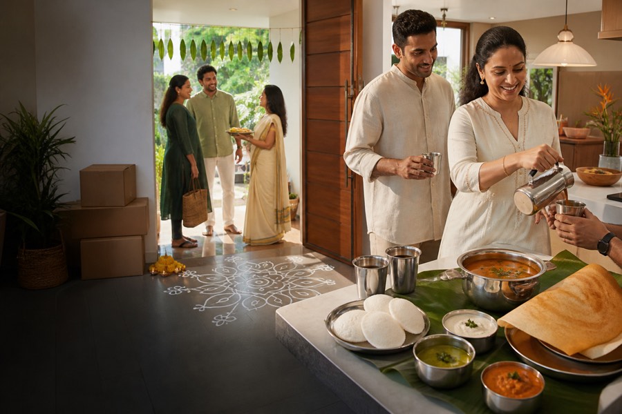 Guests arriving at a new home with a kolam at the door and tiffin laid out
