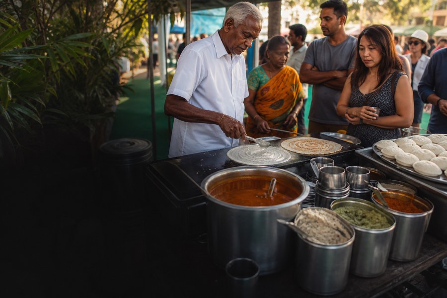 A South Indian market stall cooking dosai to order for a queue of customers