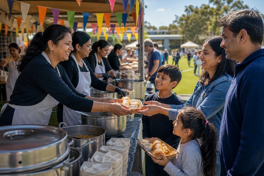 Serving food to families at a school fete under bunting