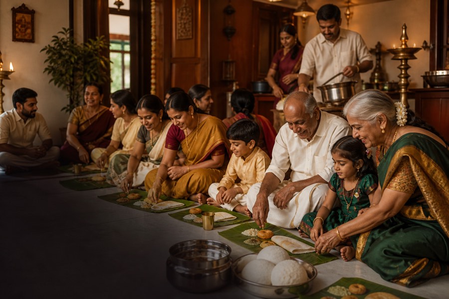 A family seated for a traditional meal served on banana leaves