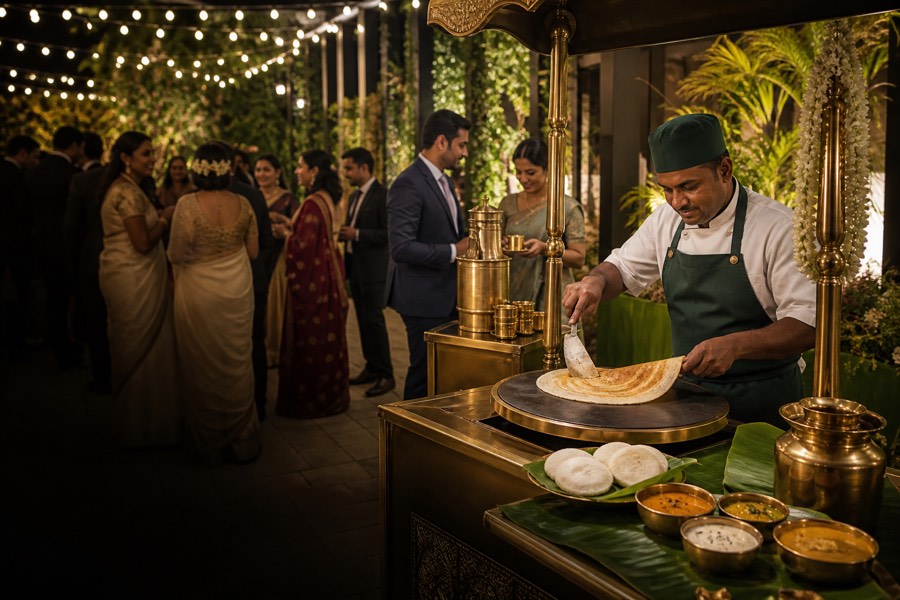 A live dosai counter at an evening wedding reception