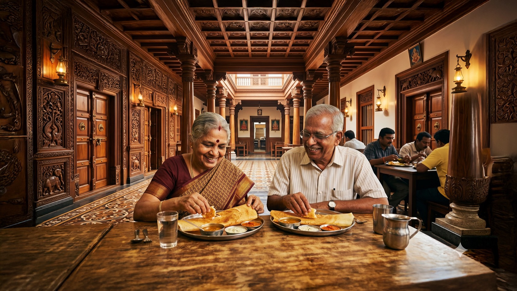 A meal served on a banana leaf in a heritage Chettinad hall