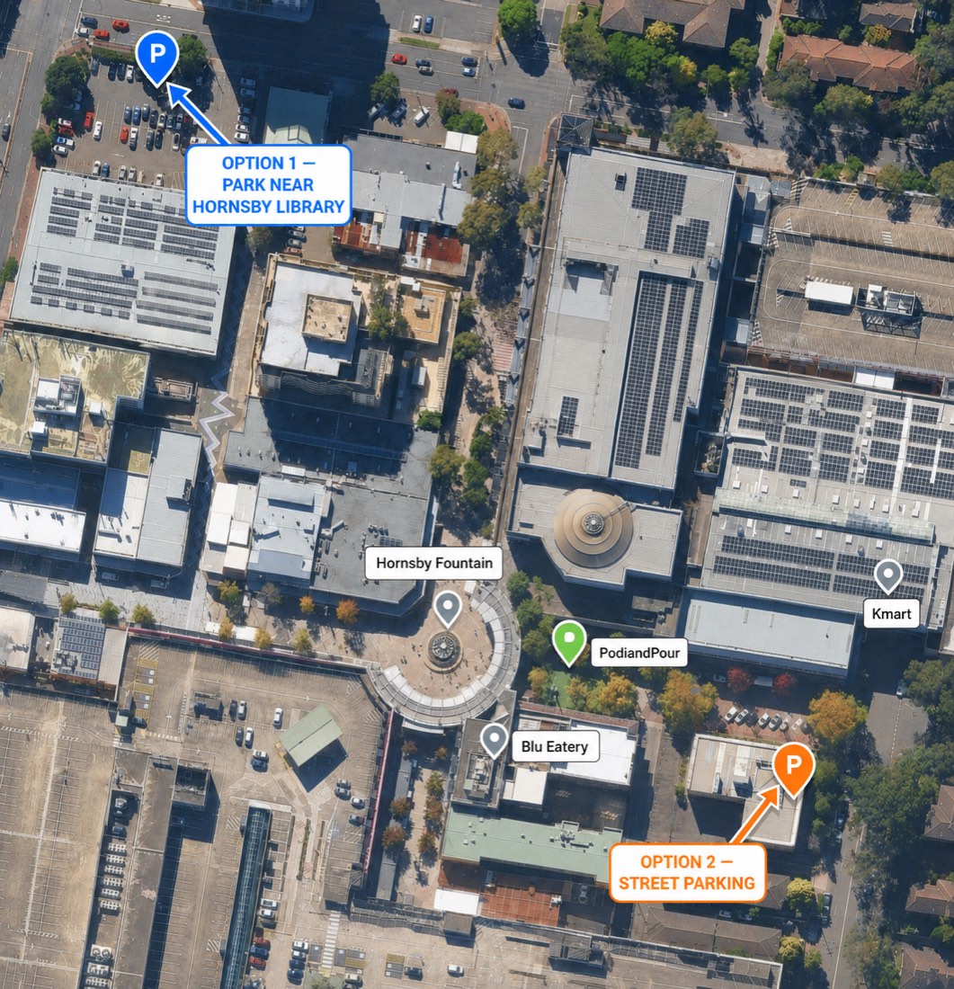 Aerial map of Hornsby Mall showing the Podi & Pour stall by the Hornsby Fountain, with Option 1 parking at the Hornsby Library car park and Option 2 street parking near Kmart