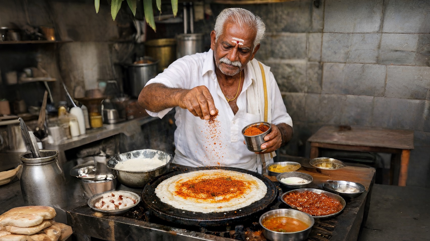 A Madras cook sprinkling spice podi over a dosa on a hot tawa